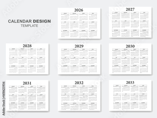 Calendars design 2026 to 2033 vector set of minimal template