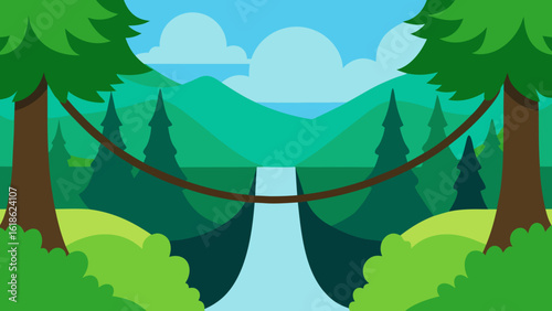 Forest with a River and a Rope Bridge High Above