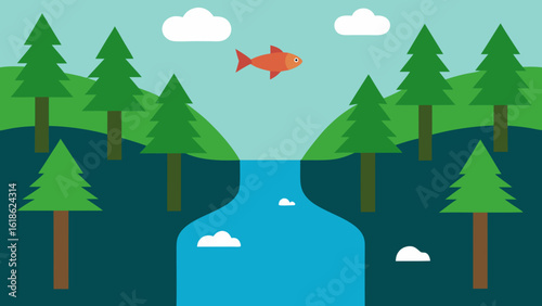 Serene Forest with a River and Unseen Fish Jumping