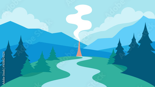 Mystical Forest with a River and Steam Rising from the Water
