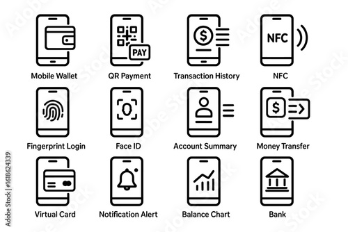 Mobile payment icons: wallet, qr, nfc, face id, money transfer, bank
