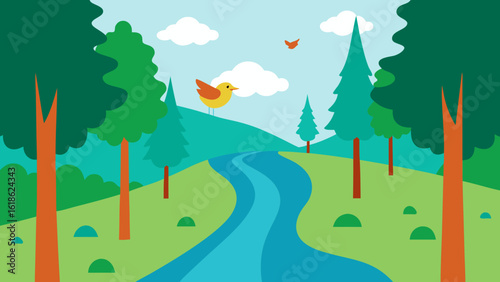 Serene Forest with a River and the Peaceful Sound of Birds Chirping