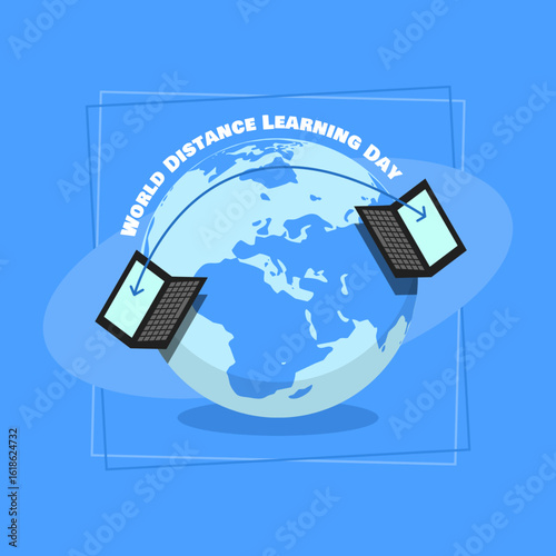 World Distance Learning Day to celebrate on August 31st. A world with two laptops very far apart learning together online. Education concept banner.