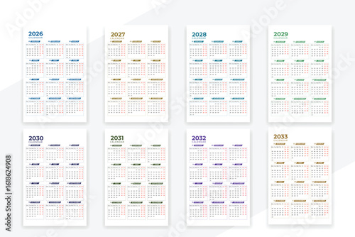 Calendar 2026 year set collection 2027 to 2033 years design template