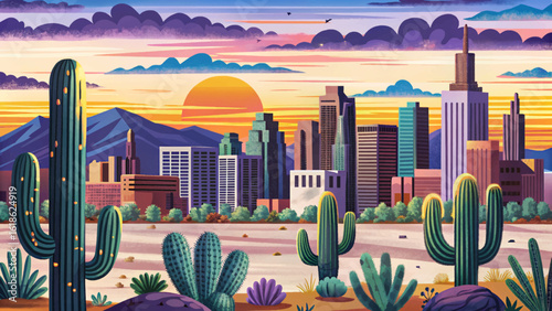 Vector banner of Phoenix skyline with cactus silhouettes, desert scenery, sunset skies, and southwestern architecture. Ideal for Arizona, USA landscapes, and travel themes
