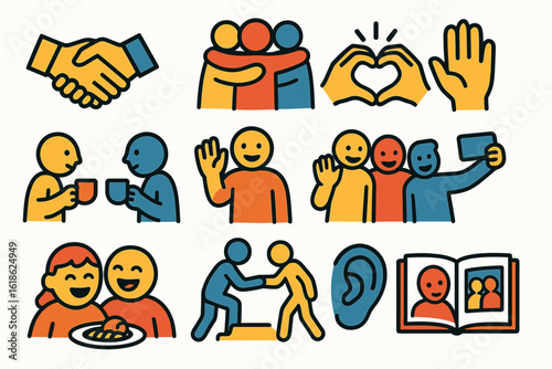 Colorful icons of friendship and interaction in various activities