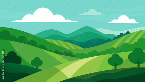 Idyllic Landscape of Rolling Lush Green Hills in a Rural Setting