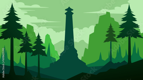 Ancient Landscape of Towering Mossy Pine Trees in a Forest