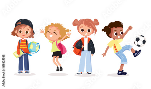 Set of school kids with school supplies.School characters with notebooks and backpacks. Collection of preschoolers, children. Kid's activities. Studying and doing sports.