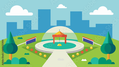 Modern City Park with a Designated Area for Lively Street Performers