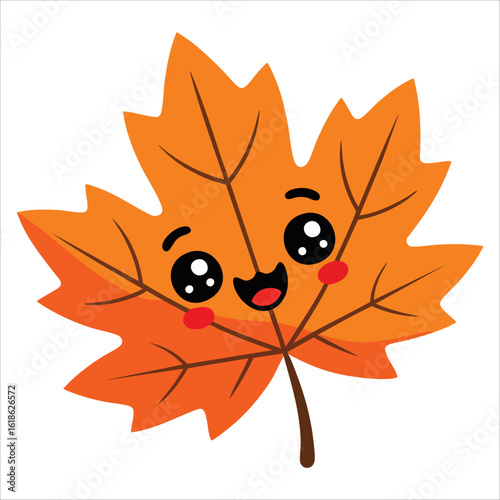 Kawaii maple leaf character with emoticon smile, cartoon style fall symbol in orange, great for cute seasonal icons and autumn theme graphics