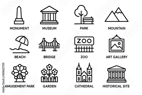 Icons of various attractions including monument, museum, park, and zoo