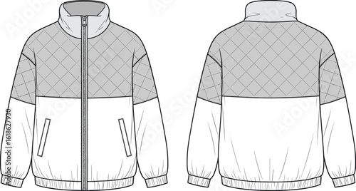 Front and back view of quilted high-neck jacket with zipper and pockets, CAD flat sketch, technical fashion vector illustration design