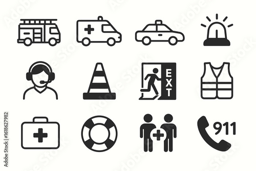 Emergency and safety icons featuring ambulance, fire truck, exit sign, and more