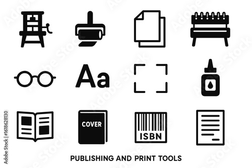 Icons of publishing and print tools: printing press, roller, paper, bindery, book, isbn, glue bottle