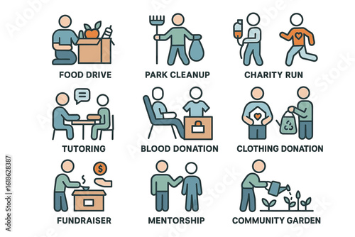 Icons depicting volunteer activities: food drive, park cleanup, charity run, tutoring, blood donation