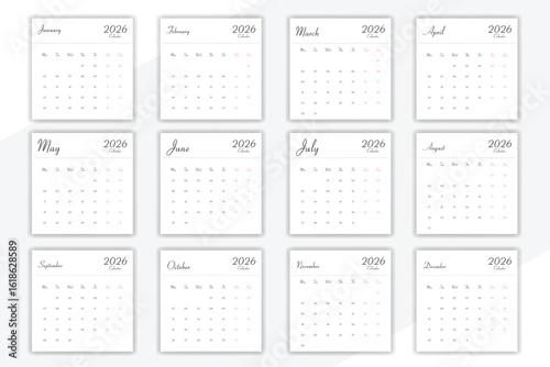 2026 year calendar Print ready one page design template
