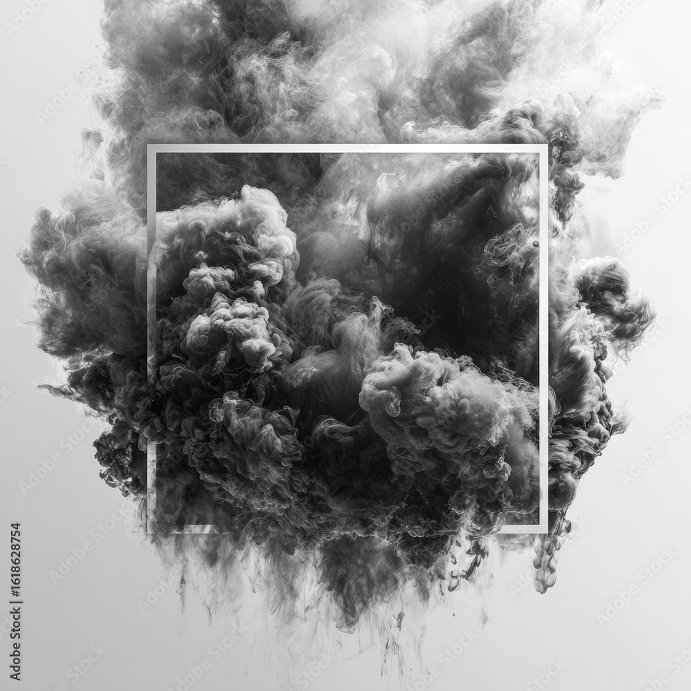 Fototapeta premium A grayscale image of a voluminous smoke plume, densely textured, with a thin white square frame centered, suggesting depth and abstract form