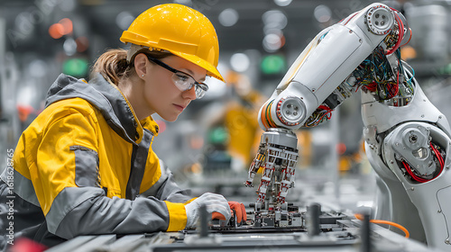 A woman and an AI robot working together on a production line, highlighting the integration of robotics in manufacturing and industrial automation