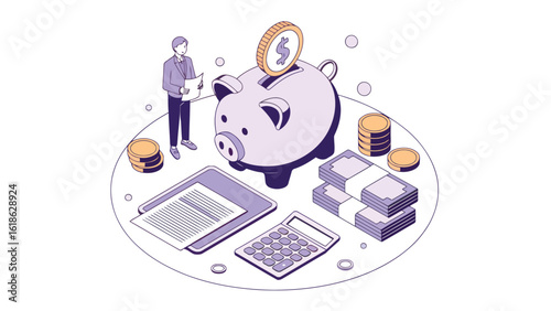 Financial Planning Icon: A minimalist, isometric illustration depicting financial planning, featuring a person, piggy bank, coins, calculator, and paperwork, representing savings, investment.