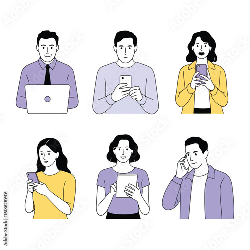 Digital Interaction: Diverse individuals engage with technology, depicting the modern world's digital interconnectedness, showcasing technology's ubiquitous role in daily life. 