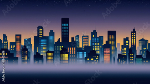 Silhouetted Cityscape with Bright Windows at Night