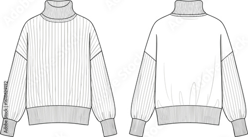 High neck sweater fashion flat sketch, ribbed knit pullover vector, front and back view, technical drawing, apparel design illustration