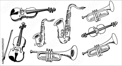 Detailed hand-drawn sketch collection of various musical instruments including violins, saxophones, and trumpets, in black and white line art on a white background.