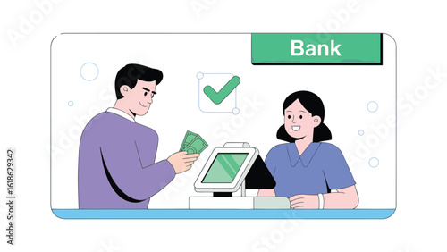 Bank Transaction: A digitally rendered illustration of a banking scene unfolds, showcasing a transaction, person receiving cash and a banking attendant, capturing the essence of financial activity