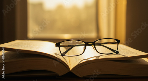 Eyeglasses Resting on Open Book Bathed in Warm Sunlight Reading Concept.