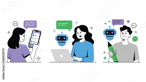 Digital Interaction: Illustration showing the diverse ways users interact with digital technology and communicate through messages. The images highlight the interaction between people and technology.