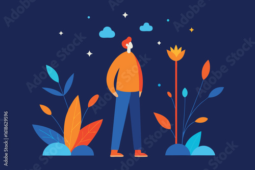 A man gazes at the stars in a peaceful night scene with plants
