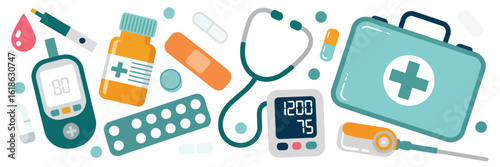 Medical Essentials: An array of medical essentials are arranged, a cohesive group of elements to represent healthcare, and medical support