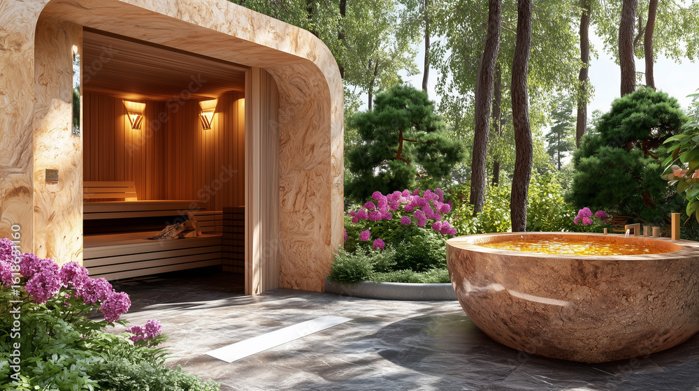 Fototapeta premium A serene outdoor sauna with wooden architecture surrounded by lush greenery and vibrant flowers, inviting relaxation and tranquility