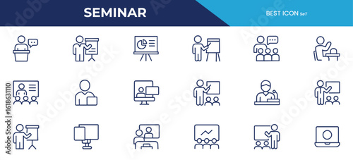 Seminar Line Icons Pack – Professional Presentation, Public Speaking, Training, and Conference