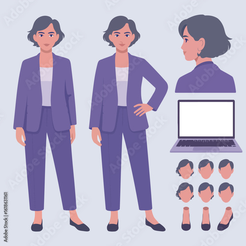 Businesswoman Character Design: A sophisticated businesswoman character design, with various poses, expressions and a laptop.