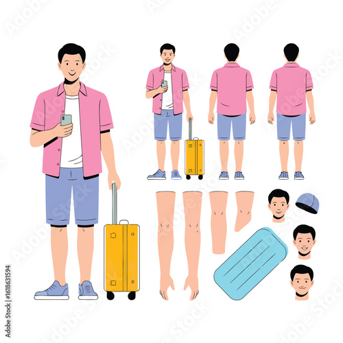 Vacationer Illustration with essential objects: A comprehensive illustration detailing a traveler prepared for adventure. show from various angles