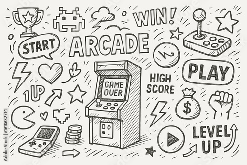 Retro arcade doodle art with game elements and vintage icons