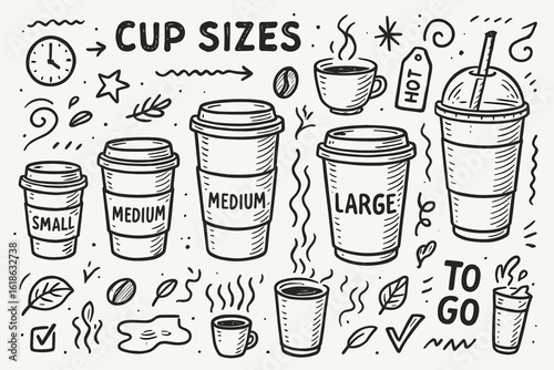 Various coffee cup sizes illustration with hand-drawn elements