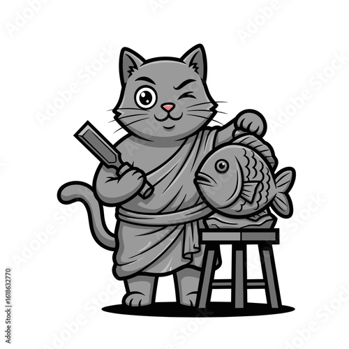 Artistic Cat Sculptor Chiseling a Fish Statue Masterpiece