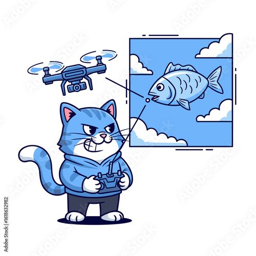 Cute Cartoon Blue Cat Operating a Drone Capturing Image of Fish in Sky