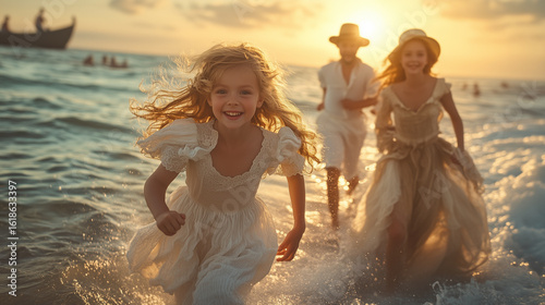 Three children run joyfully through the ocean waves during sunset, capturing the essence of summer fun and carefree moments
