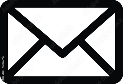 Black and white envelope icon vector—flat email symbol for contact UI, messaging app design, and communication graphics