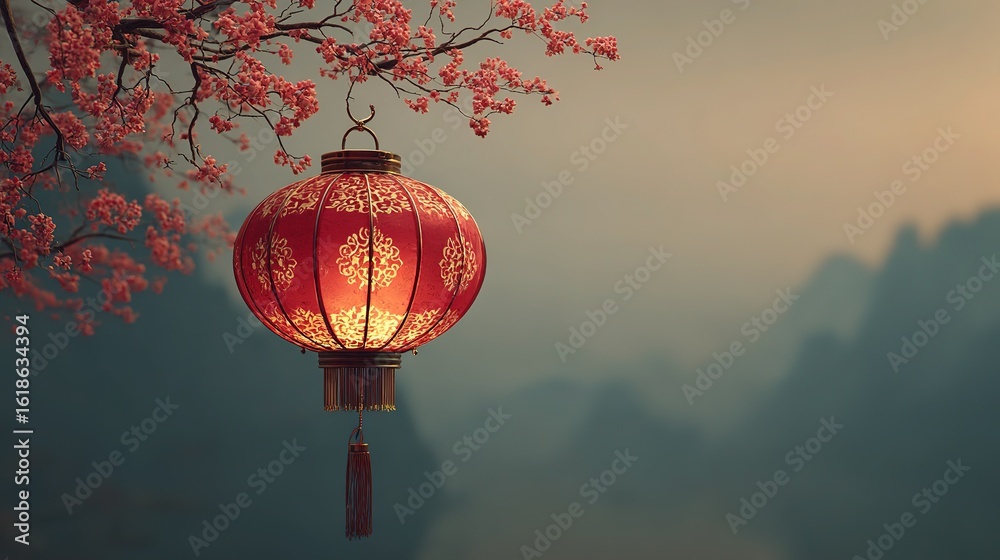 Obraz premium Traditional Red Silk Palace Lantern with Golden Cutout and Ink Landscape for Holiday Greeting and Celebration Design