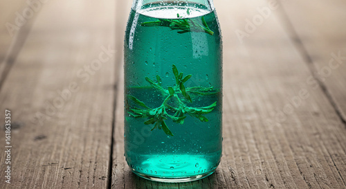 Teal Herbal Infusion: Dew-Kissed Bottle on Rustic Wood.