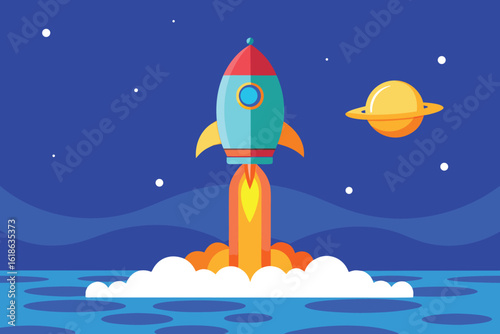  a flat design illustration of a rocket launching into a starry blue night sky, with clouds of smoke and fire trailing behind vector illustration