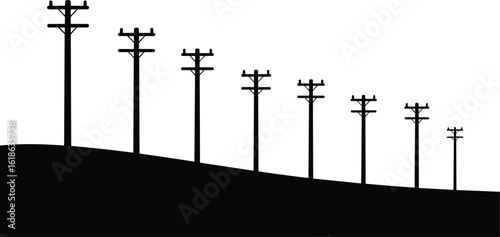 Telephone poles on sloping hillside—rural communication infrastructure vector for landscape design, distance concept, and editorial use