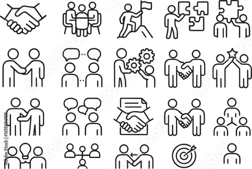 Cooperation Line Icons Set – Editable Stroke Vector Illustrations of Teamwork, Unity, Partnership, and Collaboration