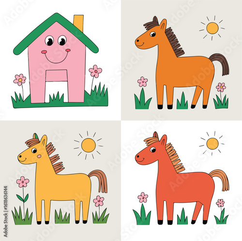 A humorous set of cartoon farm animals with a funny horse, donkey, and goat vector illustration