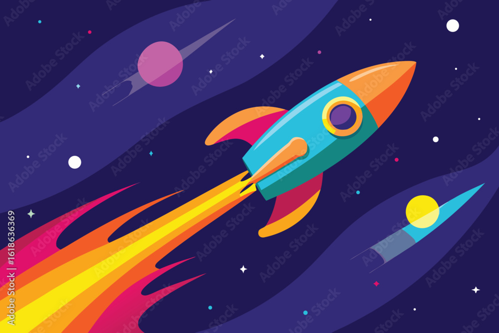 Naklejka premium a vibrant, retrostyle rocket soaring through a colorful nebula in outer space, leaving a trail of fire, representing adventure and cosmic travel vector illustration
